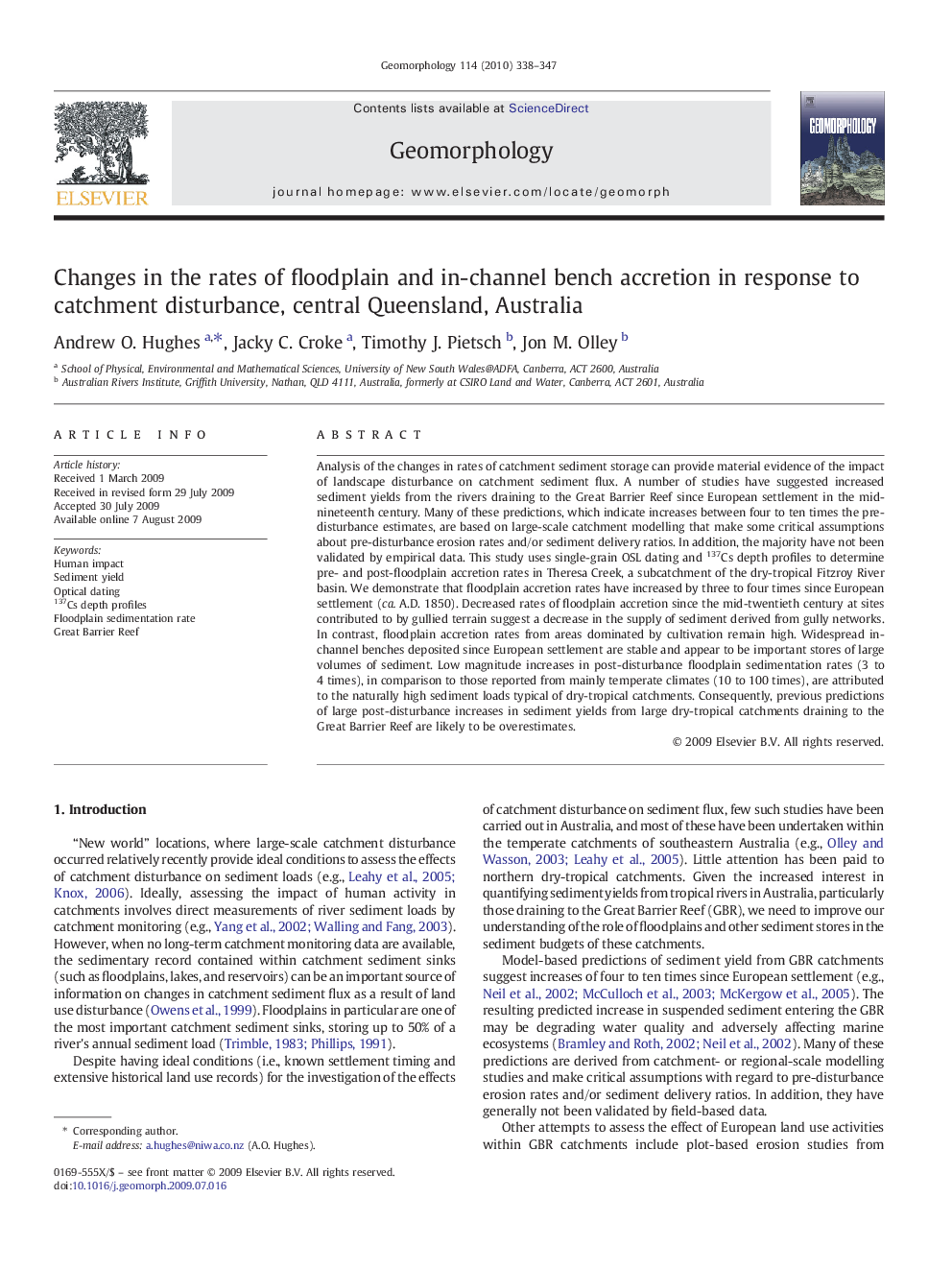 Changes in the rates of floodplain and in-channel bench accretion in response to catchment disturbance, central Queensland, Australia