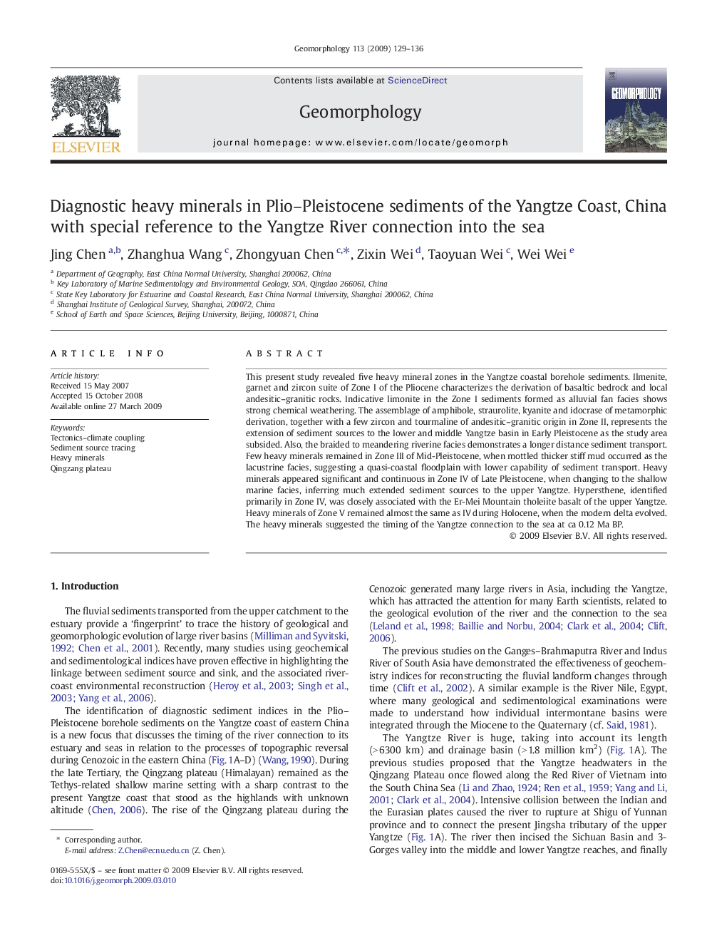 Diagnostic heavy minerals in Plio–Pleistocene sediments of the Yangtze Coast, China with special reference to the Yangtze River connection into the sea