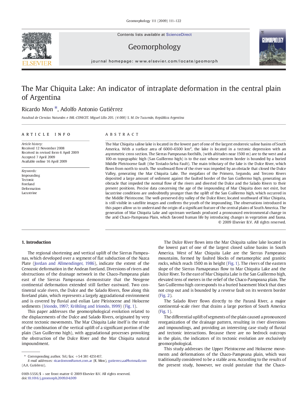 The Mar Chiquita Lake: An indicator of intraplate deformation in the central plain of Argentina