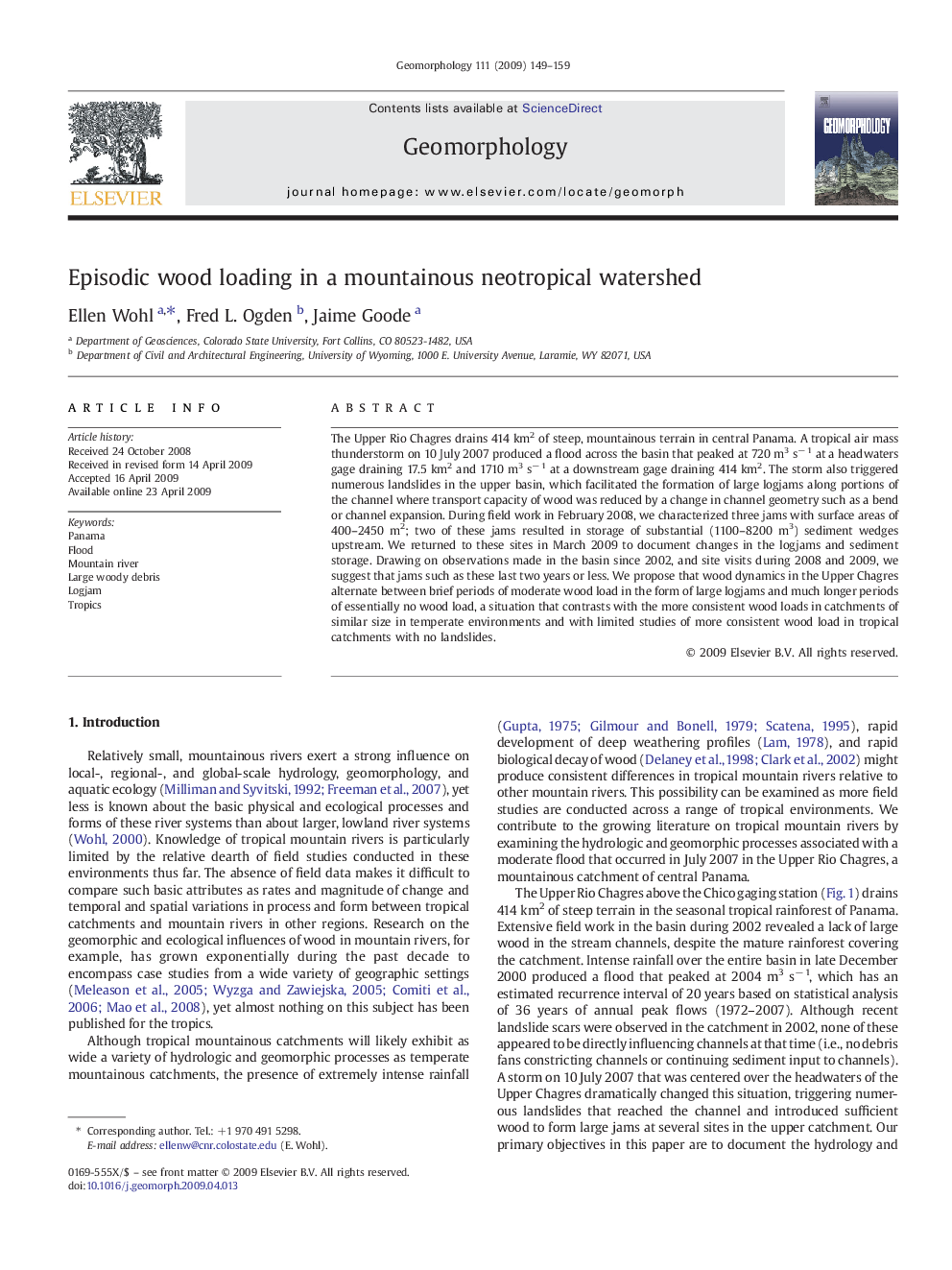 Episodic wood loading in a mountainous neotropical watershed