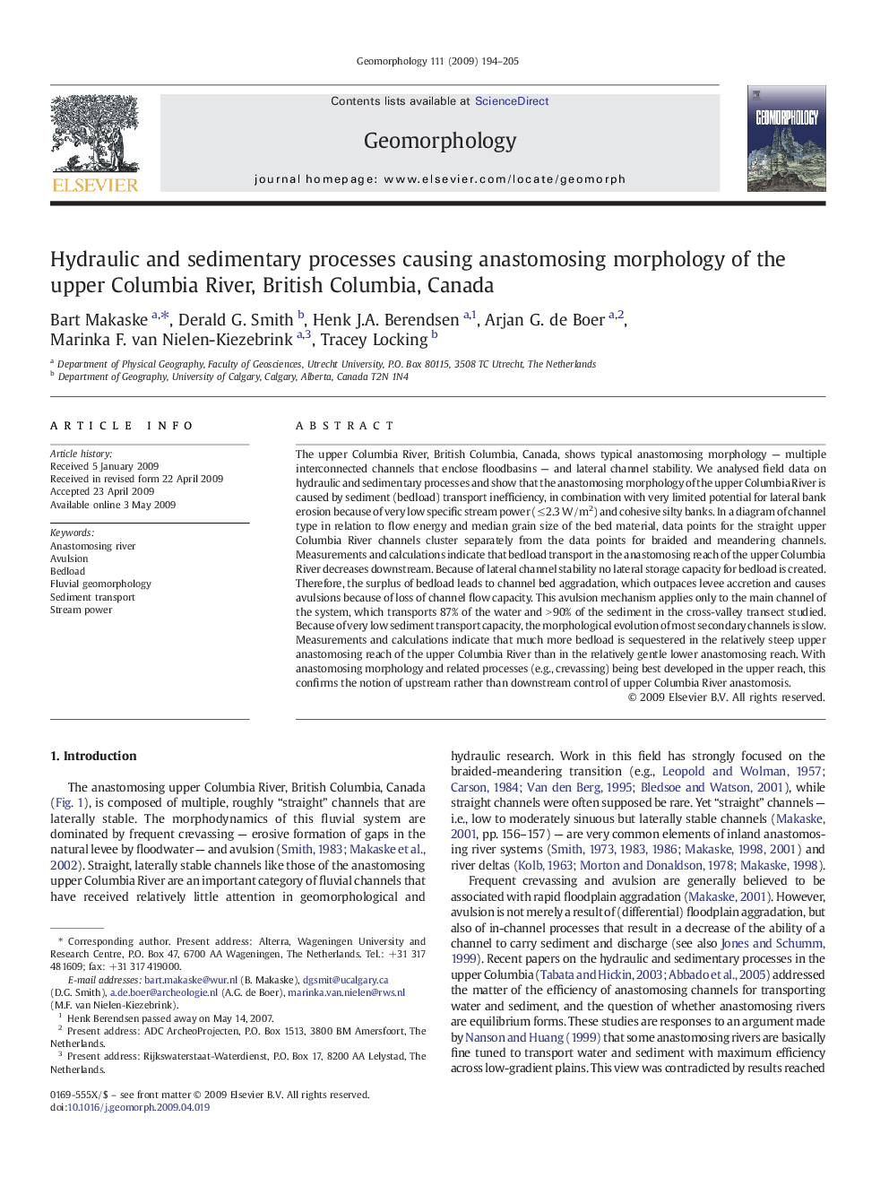 Hydraulic and sedimentary processes causing anastomosing morphology of the upper Columbia River, British Columbia, Canada