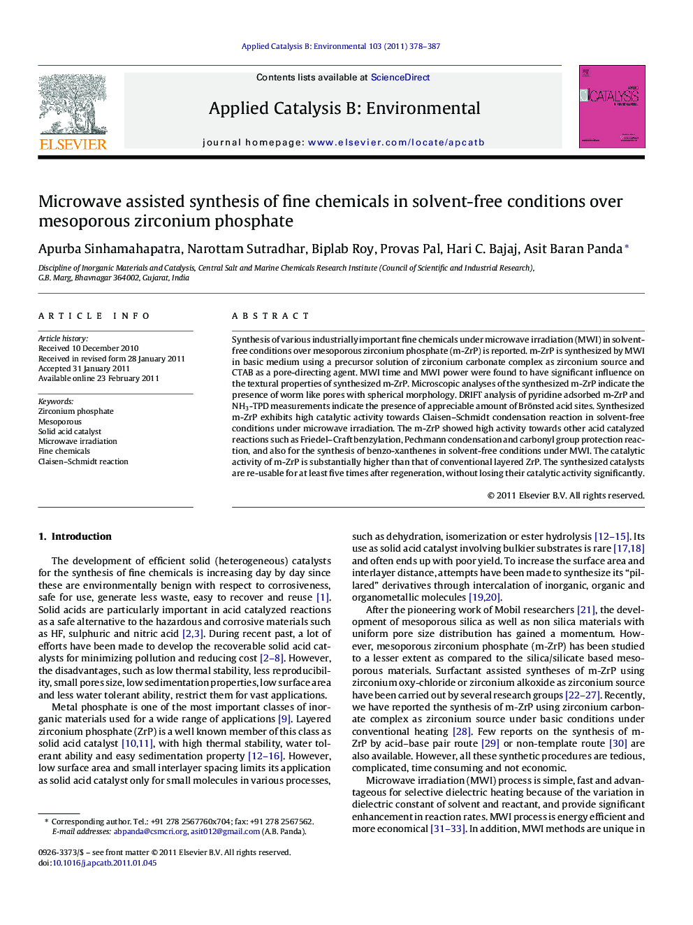 Microwave assisted synthesis of fine chemicals in solvent-free conditions over mesoporous zirconium phosphate