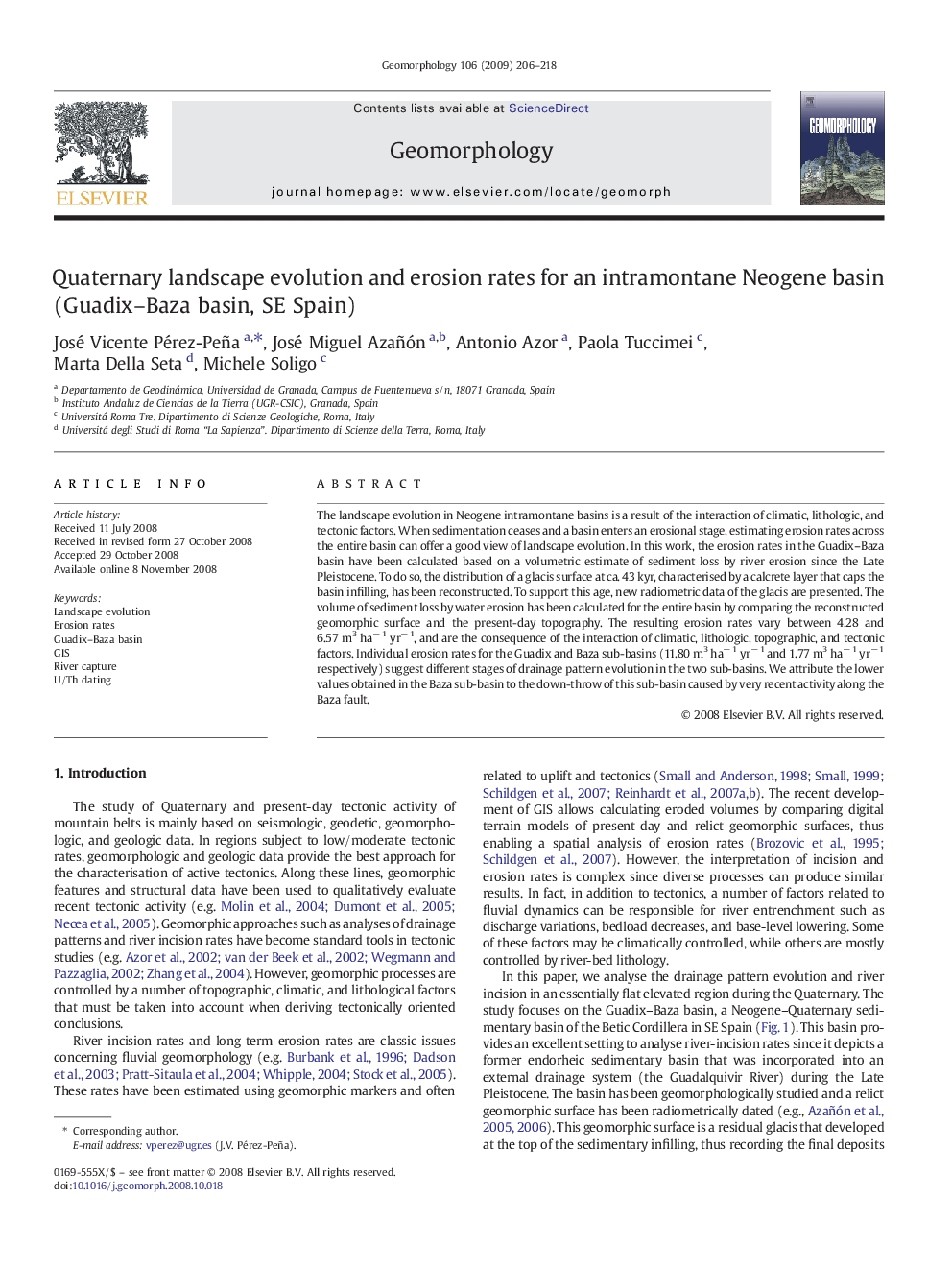 Quaternary landscape evolution and erosion rates for an intramontane Neogene basin (Guadix–Baza basin, SE Spain)