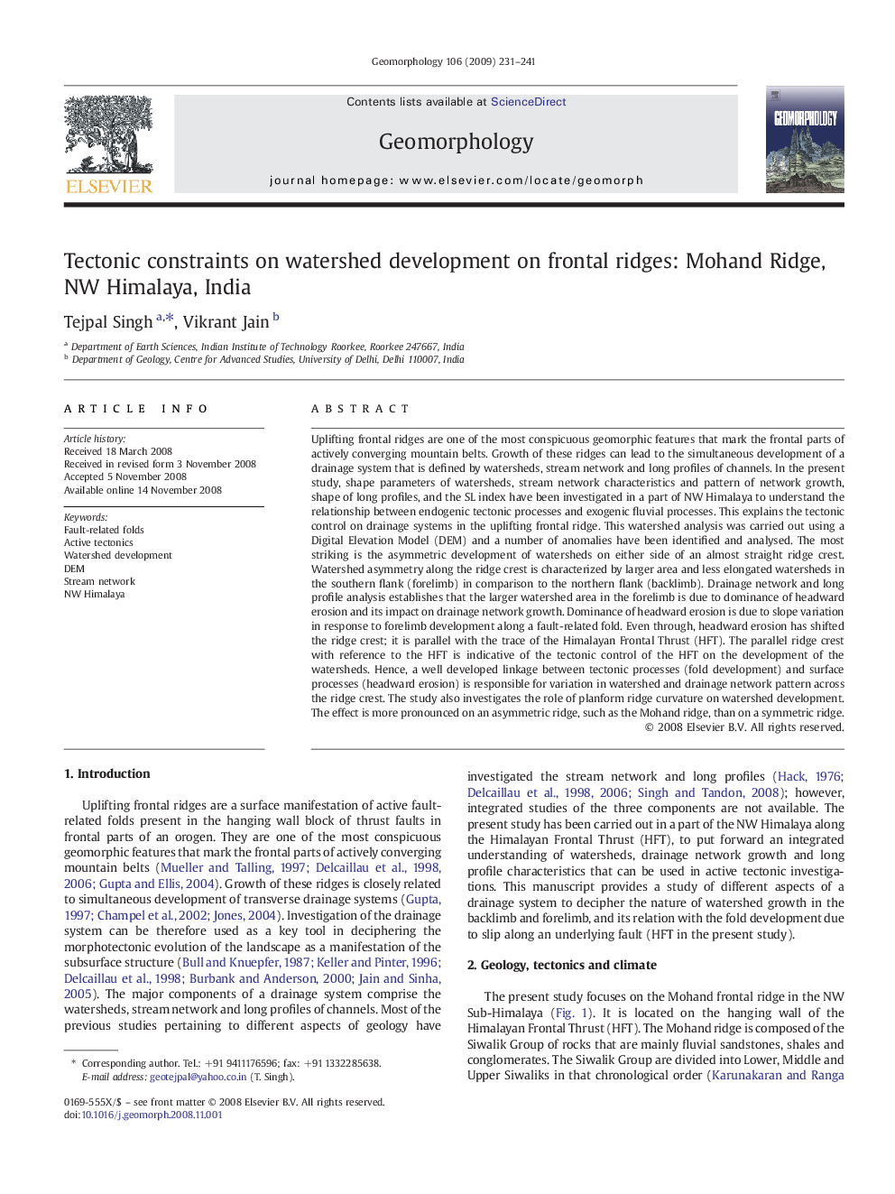 Tectonic constraints on watershed development on frontal ridges: Mohand Ridge, NW Himalaya, India