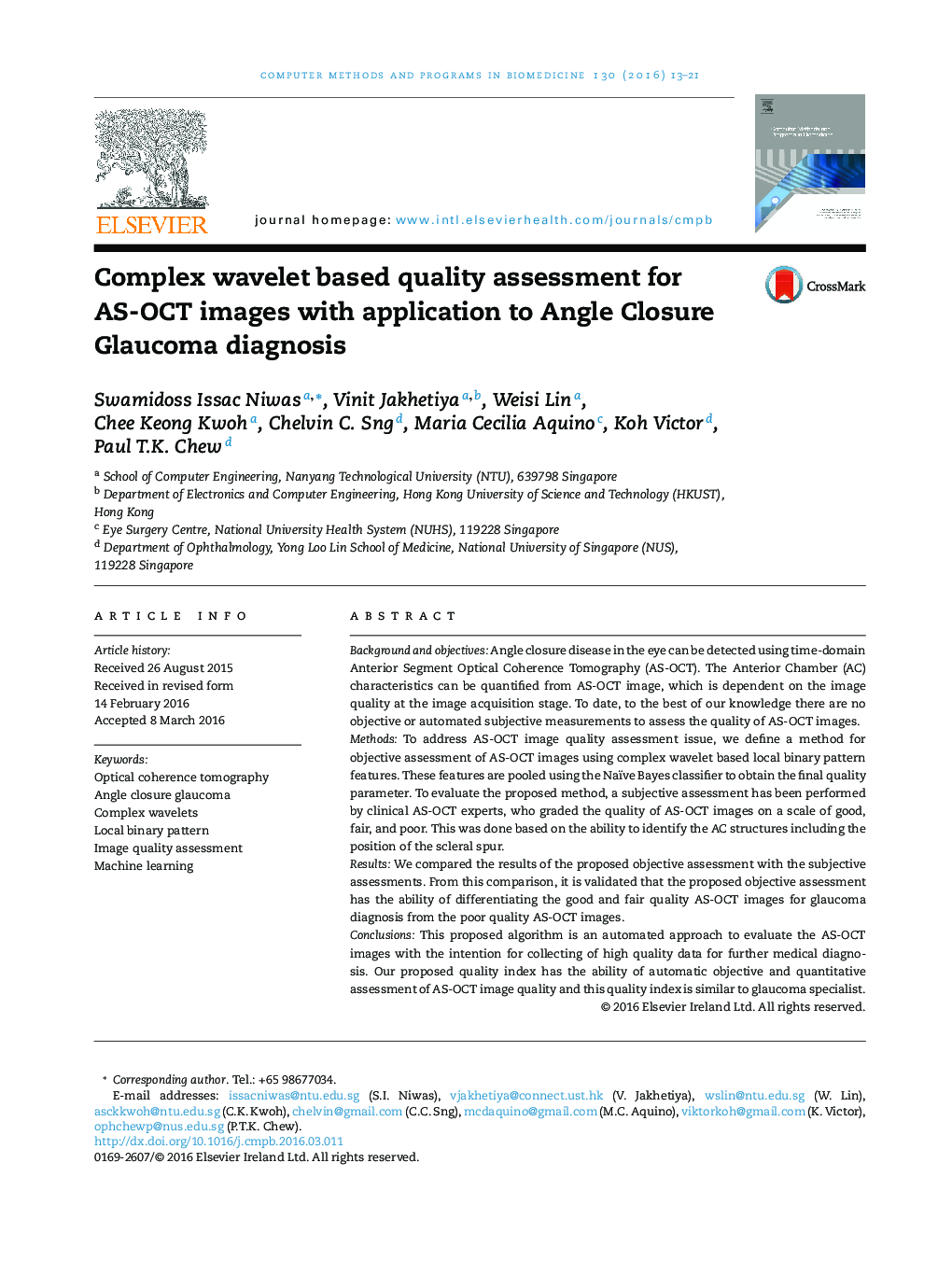 Complex wavelet based quality assessment for AS-OCT images with application to Angle Closure Glaucoma diagnosis