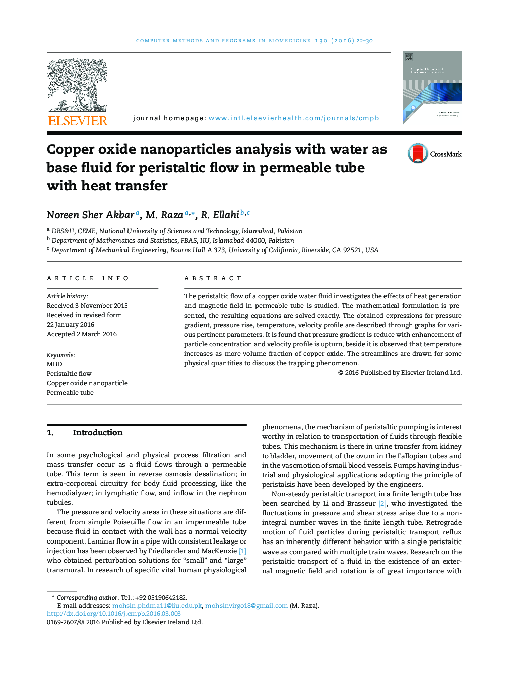 Copper oxide nanoparticles analysis with water as base fluid for peristaltic flow in permeable tube with heat transfer