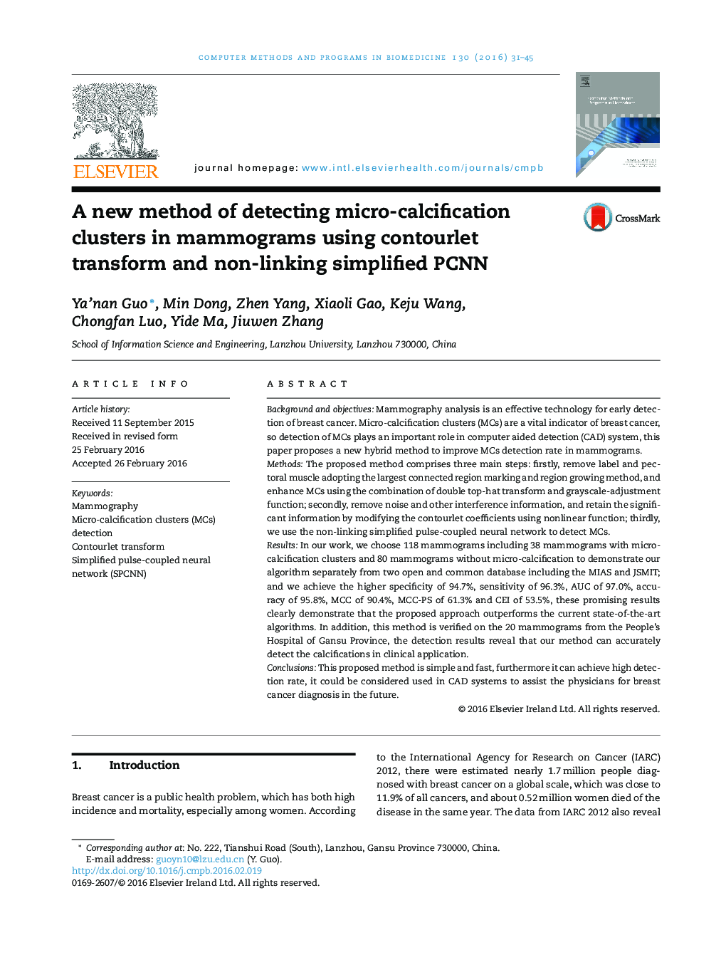 A new method of detecting micro-calcification clusters in mammograms using contourlet transform and non-linking simplified PCNN