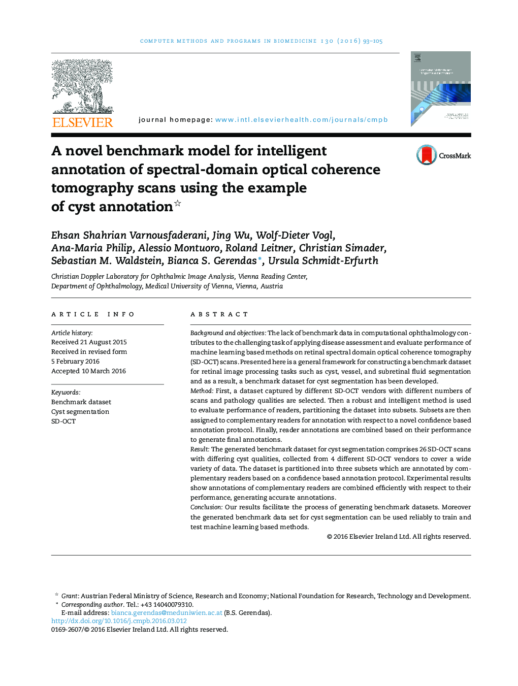 A novel benchmark model for intelligent annotation of spectral-domain optical coherence tomography scans using the example of cyst annotation 