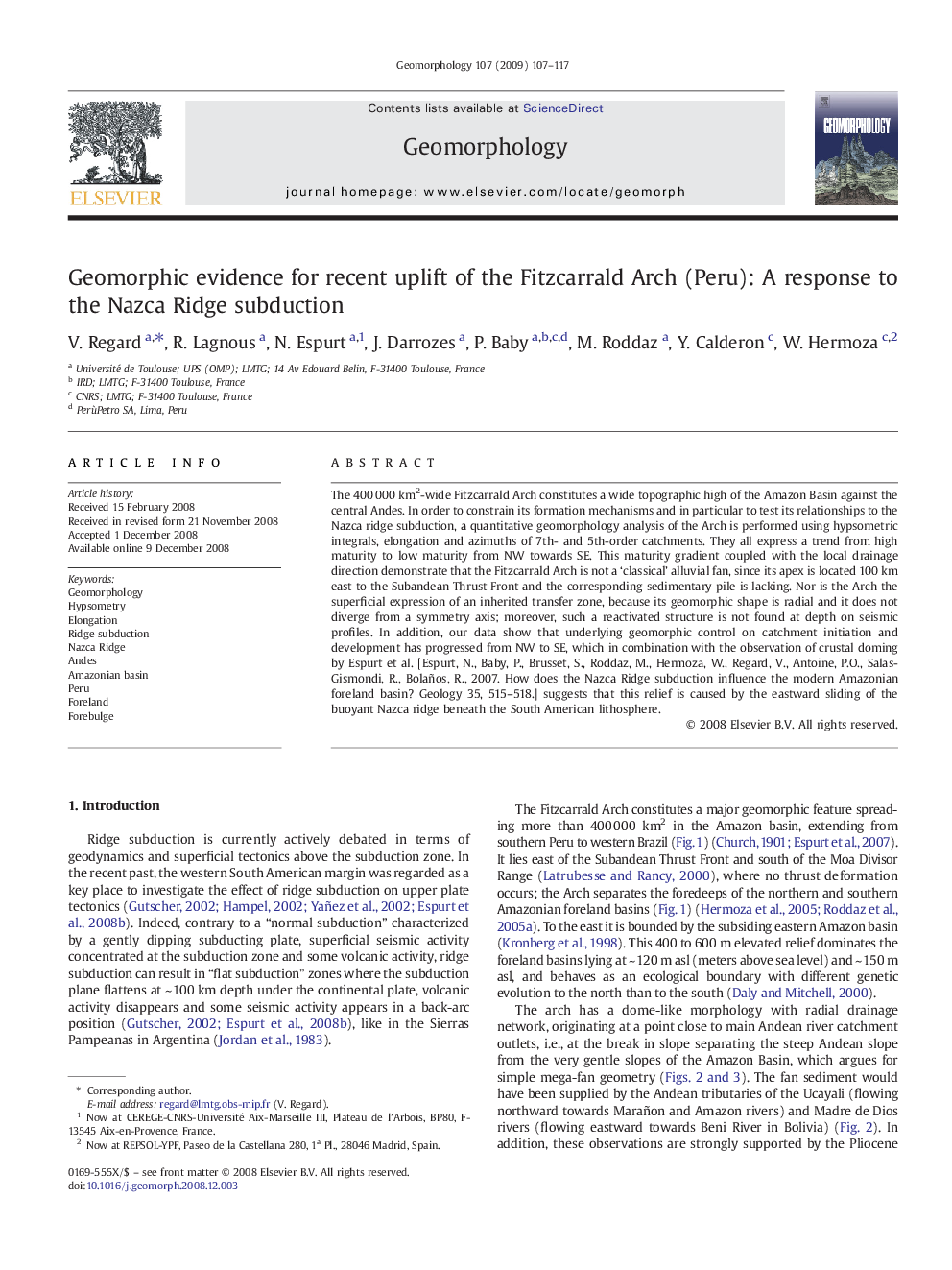 Geomorphic evidence for recent uplift of the Fitzcarrald Arch (Peru): A response to the Nazca Ridge subduction