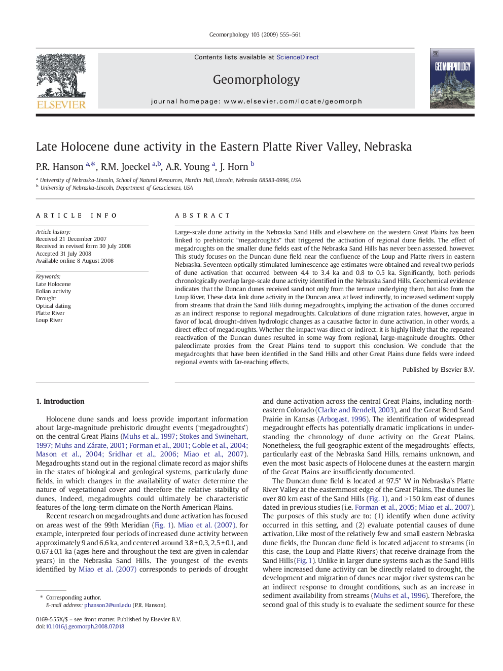 Late Holocene dune activity in the Eastern Platte River Valley, Nebraska