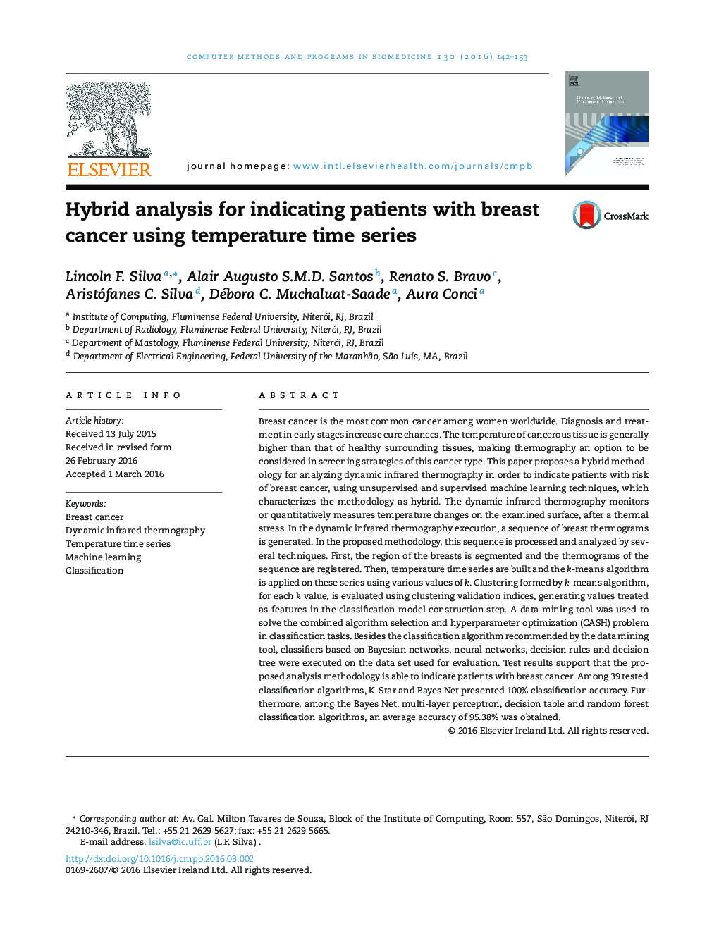 Hybrid analysis for indicating patients with breast cancer using temperature time series