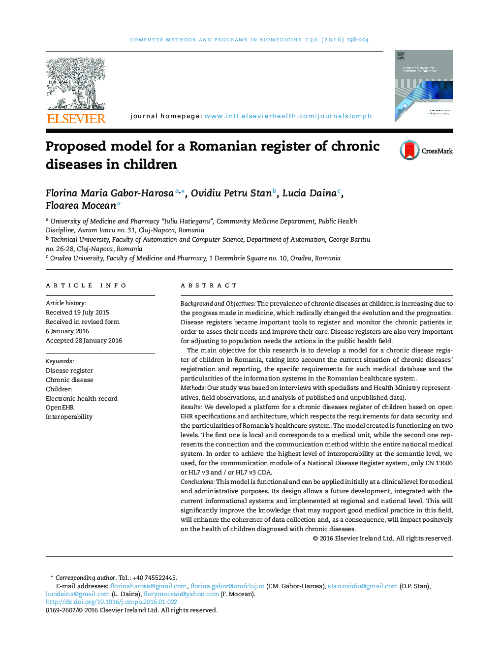 Proposed model for a Romanian register of chronic diseases in children