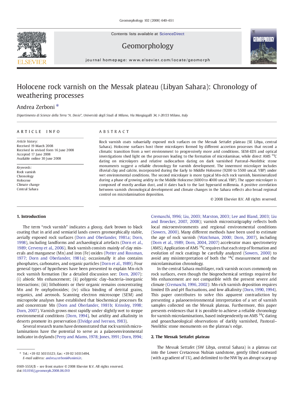 Holocene rock varnish on the Messak plateau (Libyan Sahara): Chronology of weathering processes