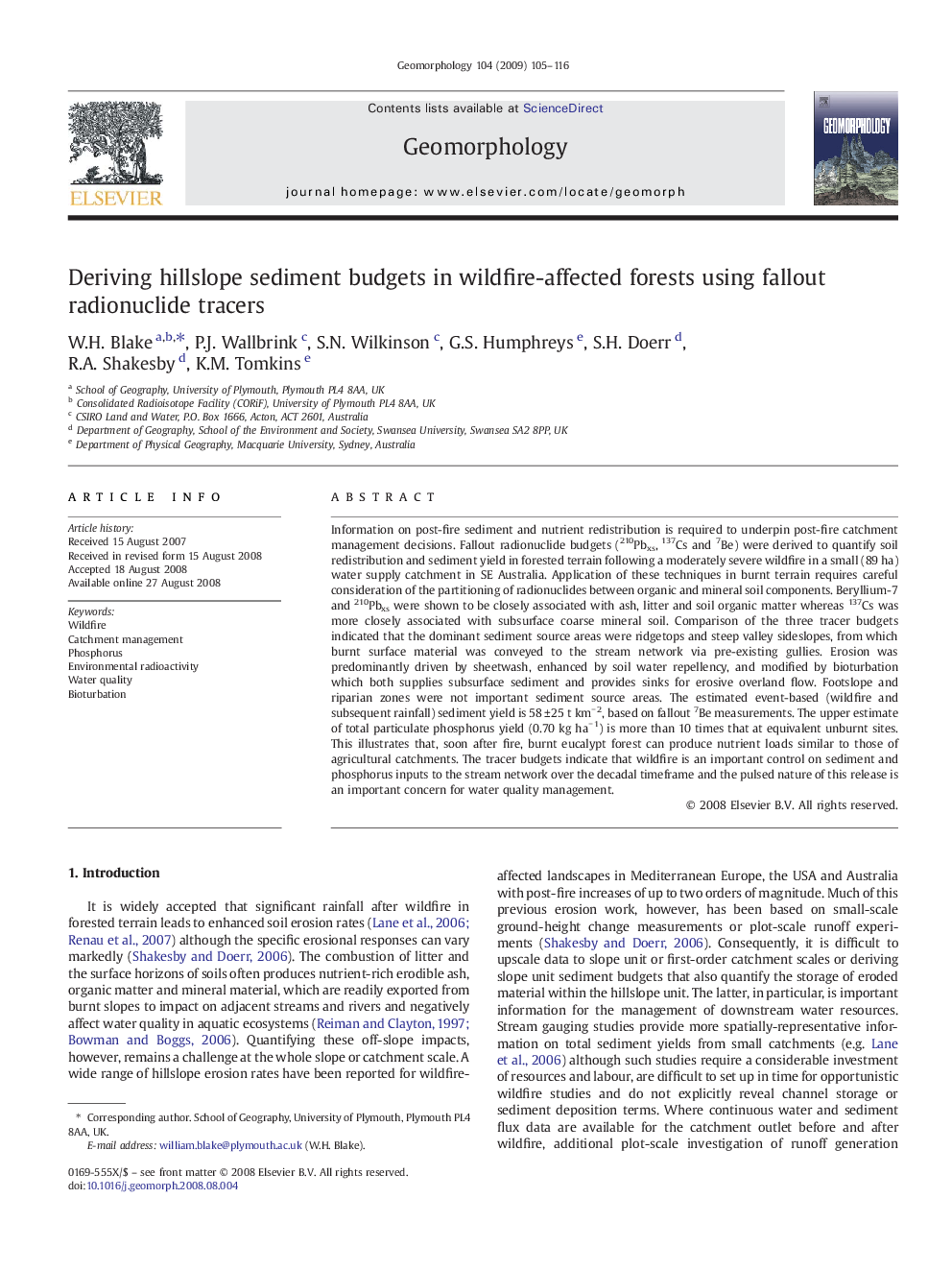 Deriving hillslope sediment budgets in wildfire-affected forests using fallout radionuclide tracers