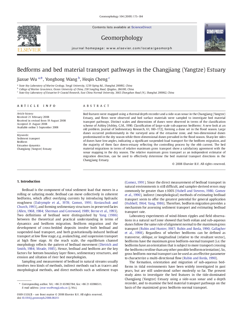 Bedforms and bed material transport pathways in the Changjiang (Yangtze) Estuary