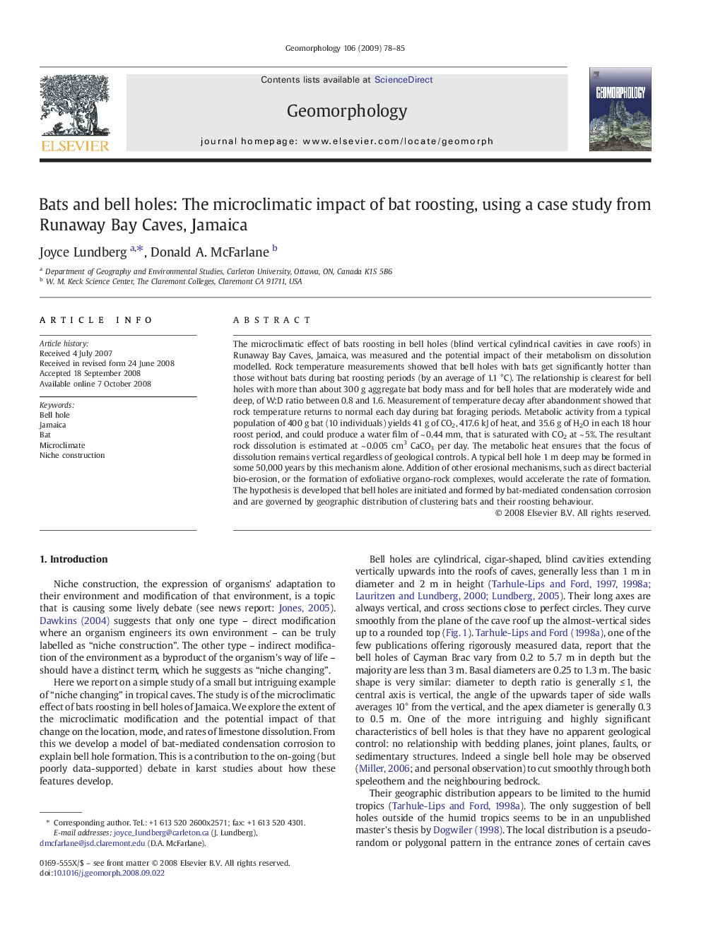 Bats and bell holes: The microclimatic impact of bat roosting, using a case study from Runaway Bay Caves, Jamaica