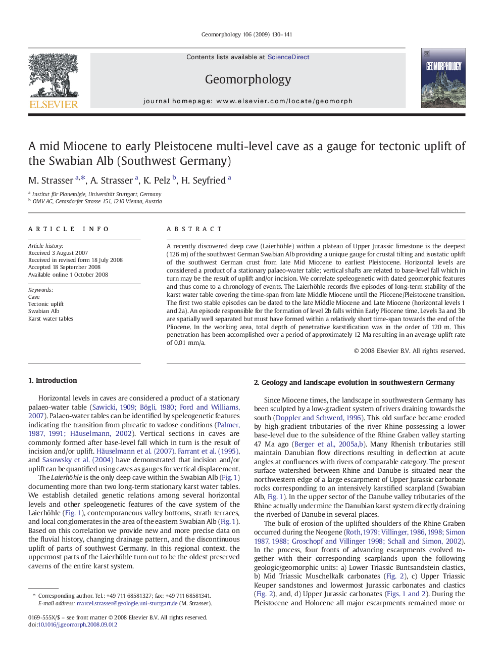 A mid Miocene to early Pleistocene multi-level cave as a gauge for tectonic uplift of the Swabian Alb (Southwest Germany)