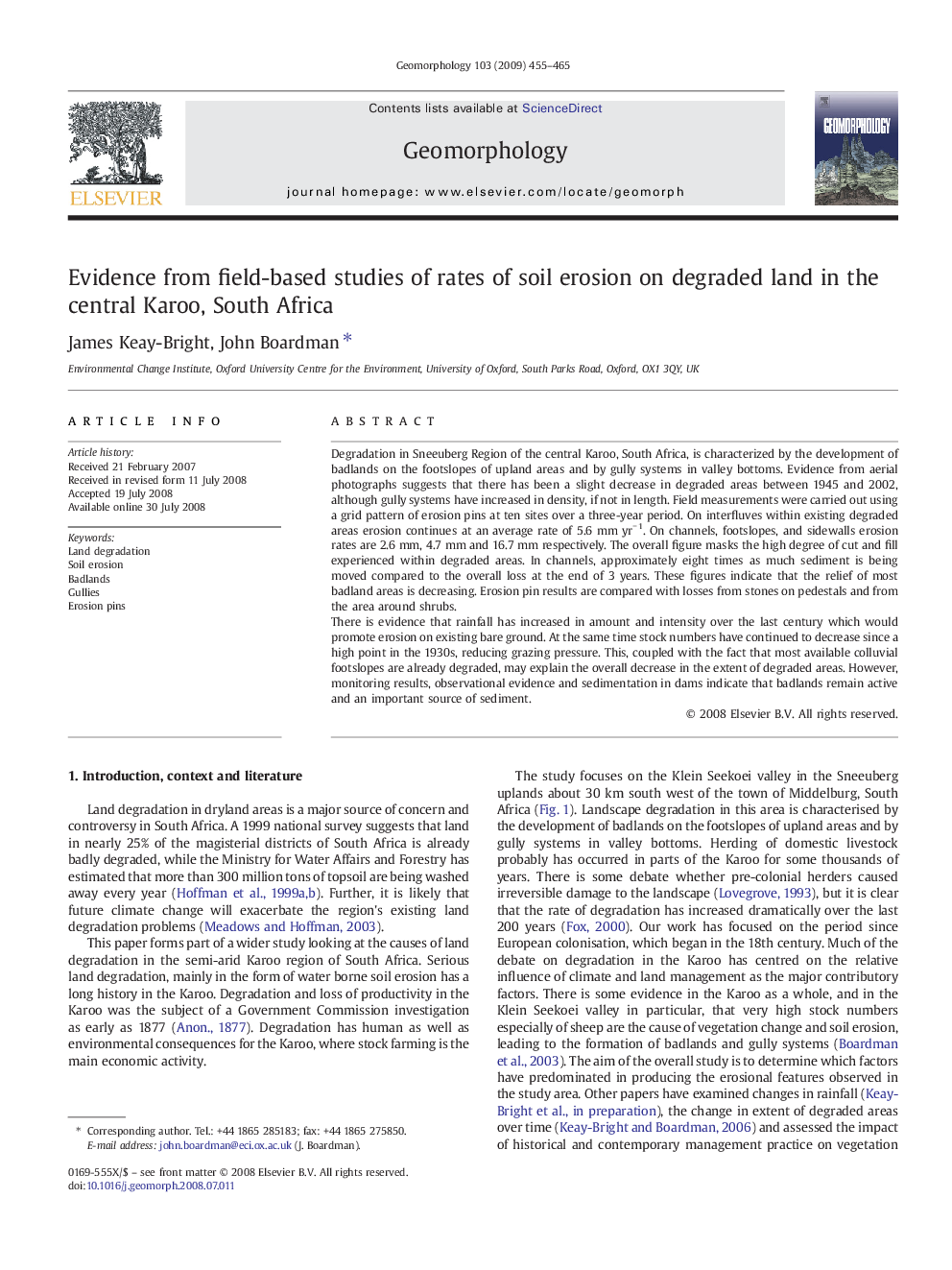 Evidence from field-based studies of rates of soil erosion on degraded land in the central Karoo, South Africa