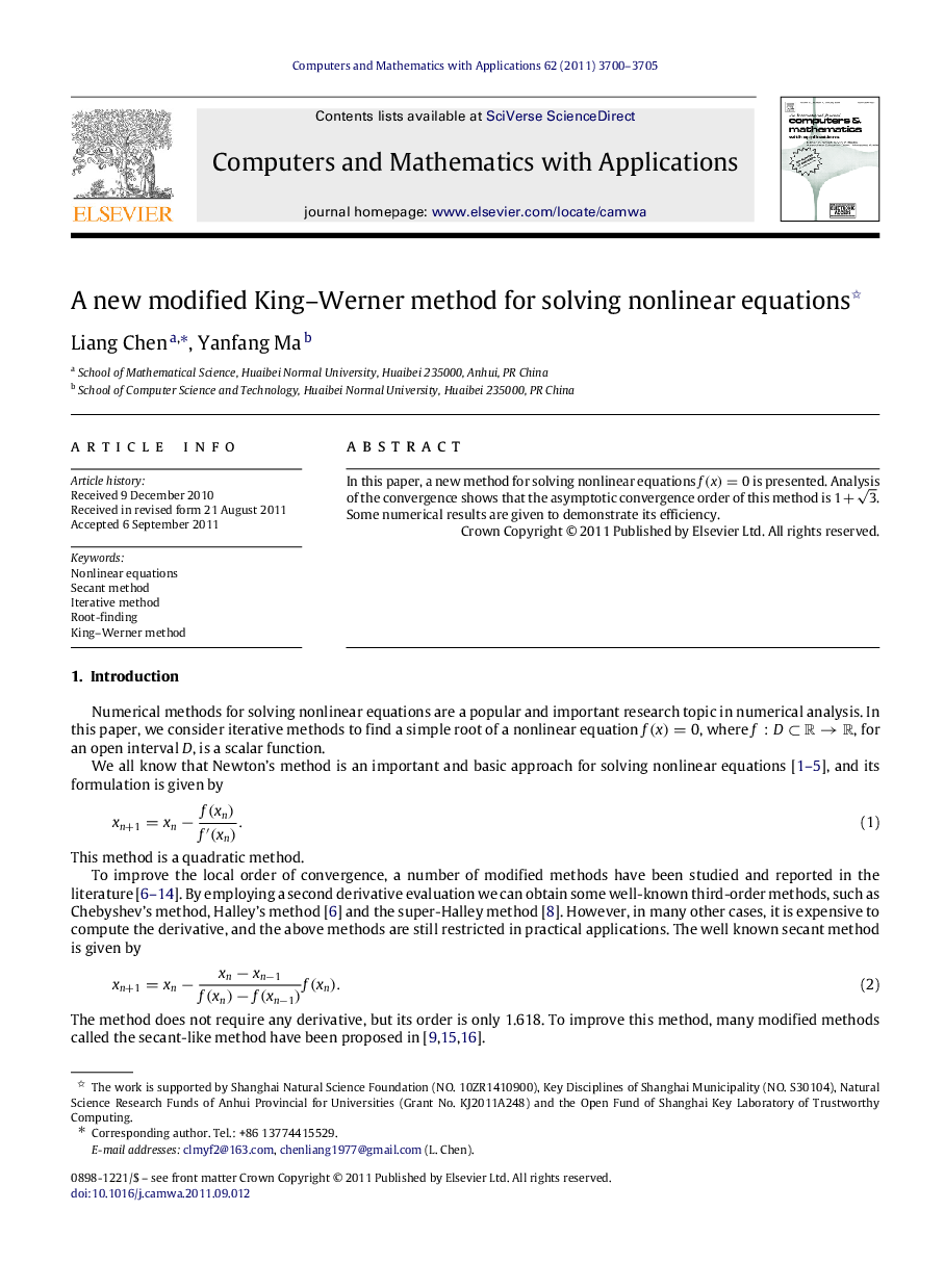 A new modified King–Werner method for solving nonlinear equations 