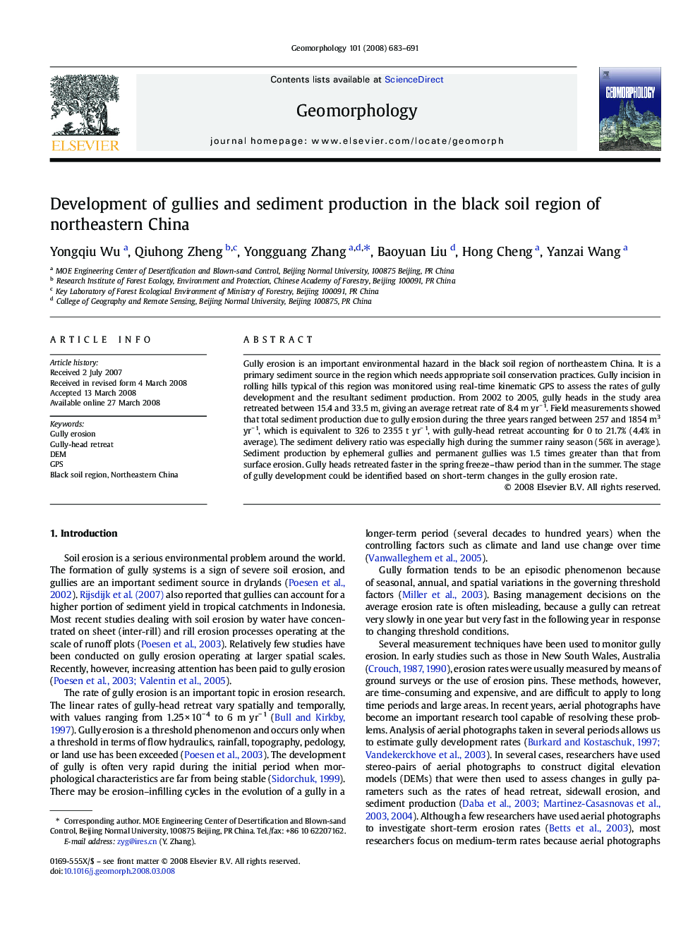 Development of gullies and sediment production in the black soil region of northeastern China