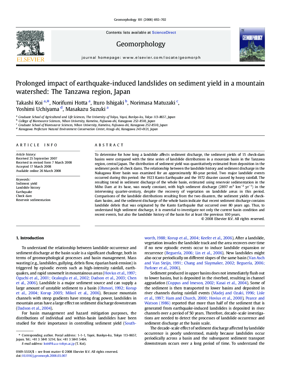 Prolonged impact of earthquake-induced landslides on sediment yield in a mountain watershed: The Tanzawa region, Japan