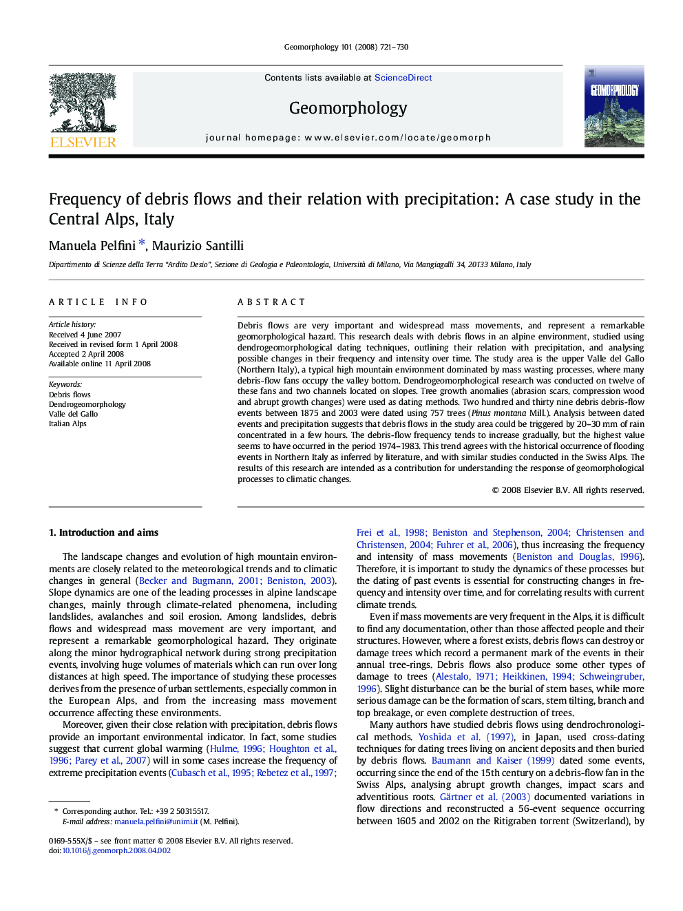 Frequency of debris flows and their relation with precipitation: A case study in the Central Alps, Italy