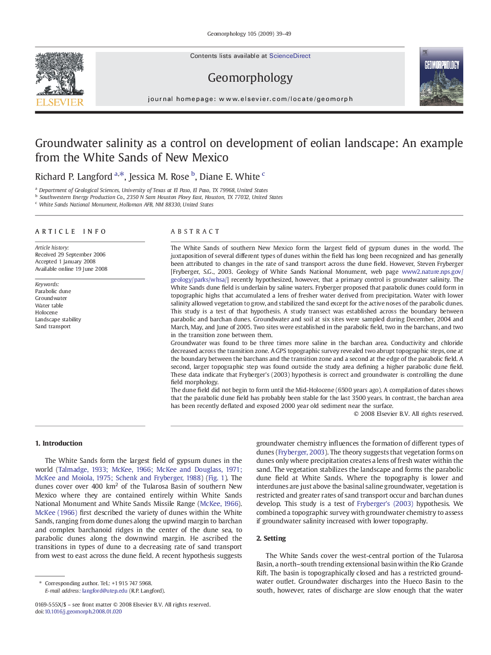 Groundwater salinity as a control on development of eolian landscape: An example from the White Sands of New Mexico