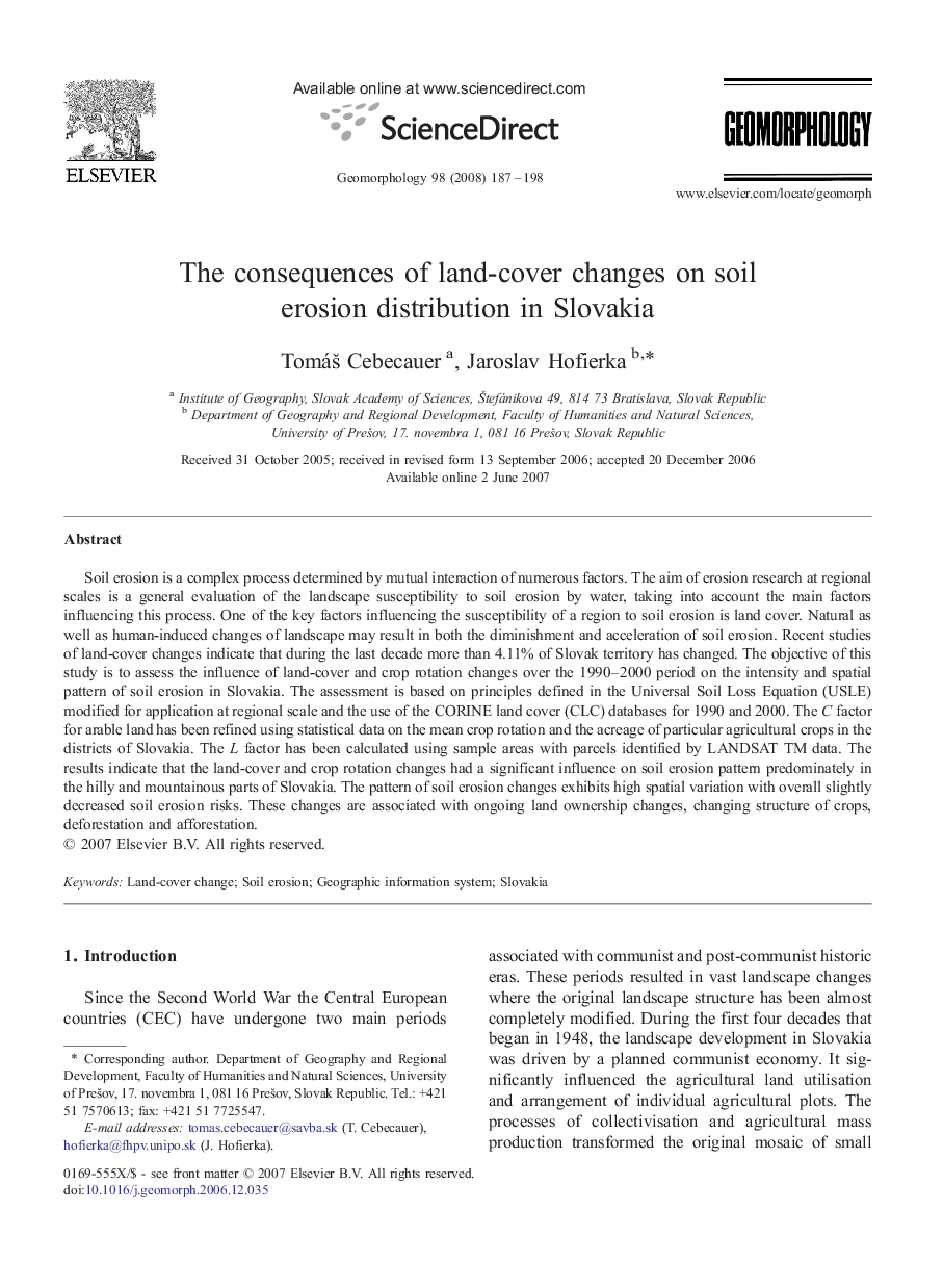 The consequences of land-cover changes on soil erosion distribution in Slovakia