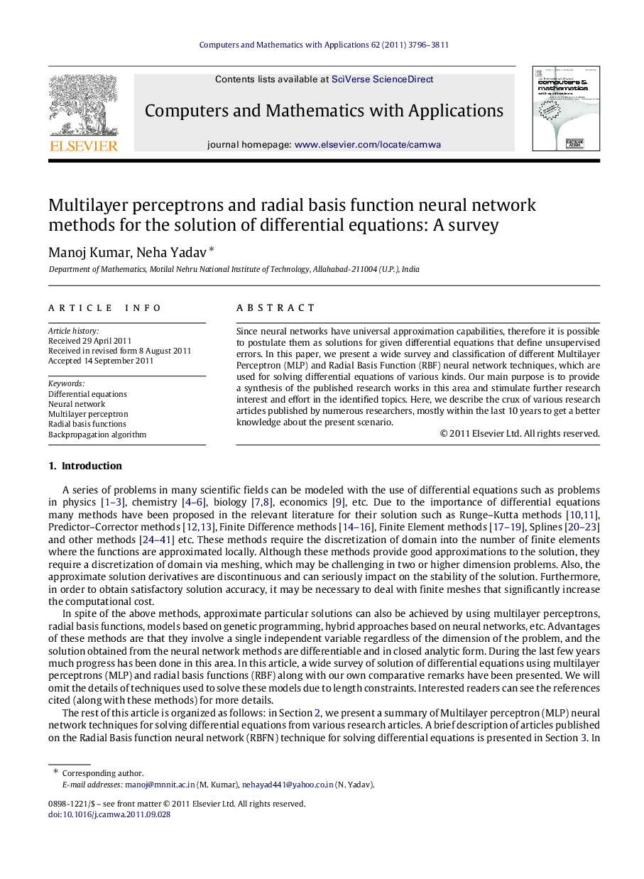 Multilayer perceptrons and radial basis function neural network methods for the solution of differential equations: A survey