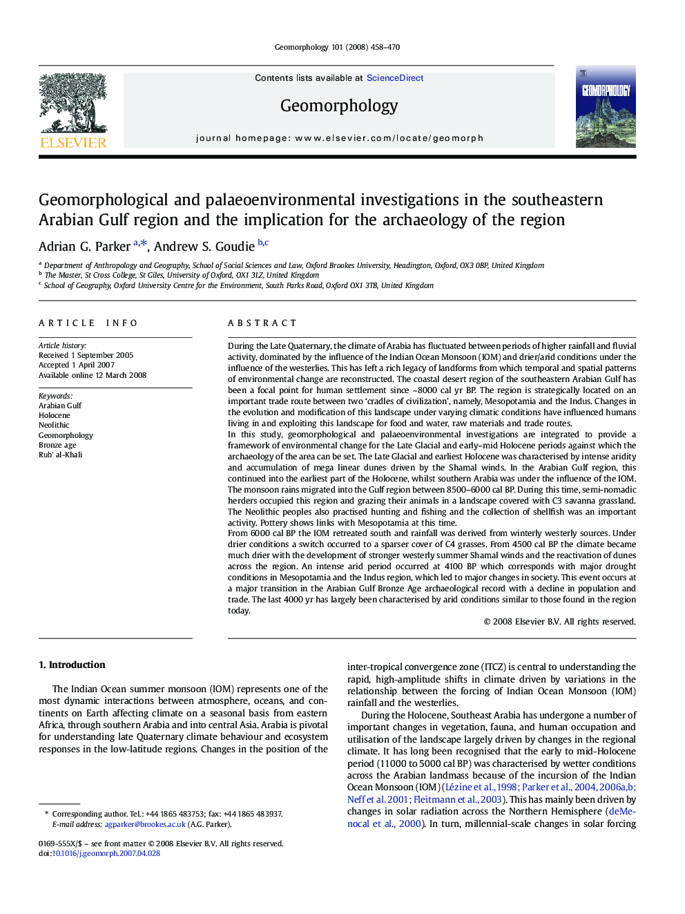 Geomorphological and palaeoenvironmental investigations in the southeastern Arabian Gulf region and the implication for the archaeology of the region