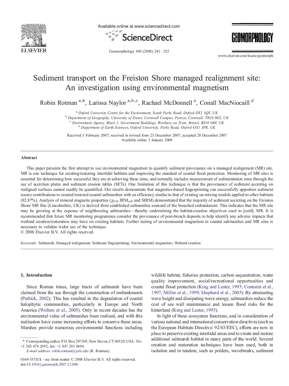 Sediment transport on the Freiston Shore managed realignment site: An investigation using environmental magnetism