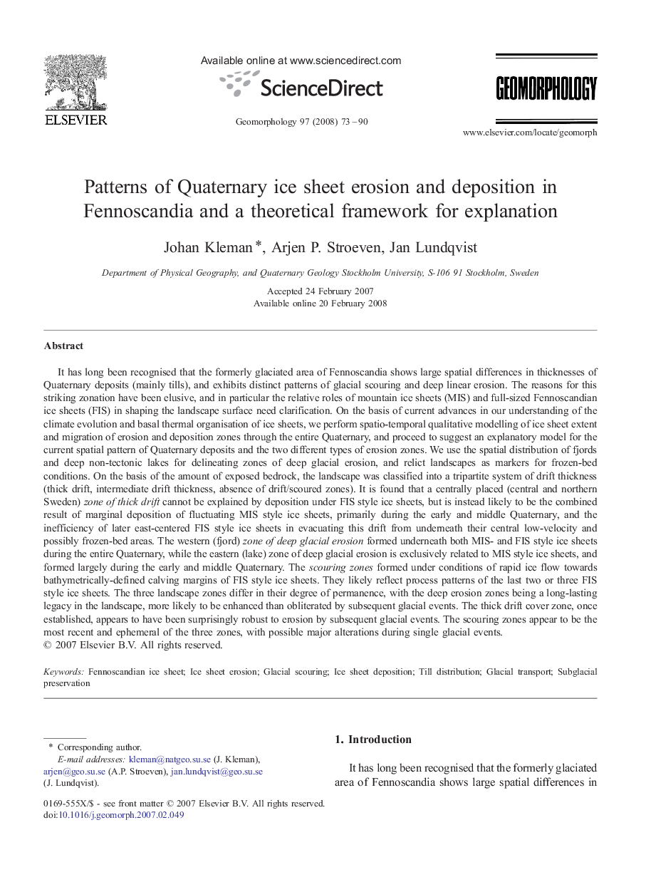 Patterns of Quaternary ice sheet erosion and deposition in Fennoscandia and a theoretical framework for explanation