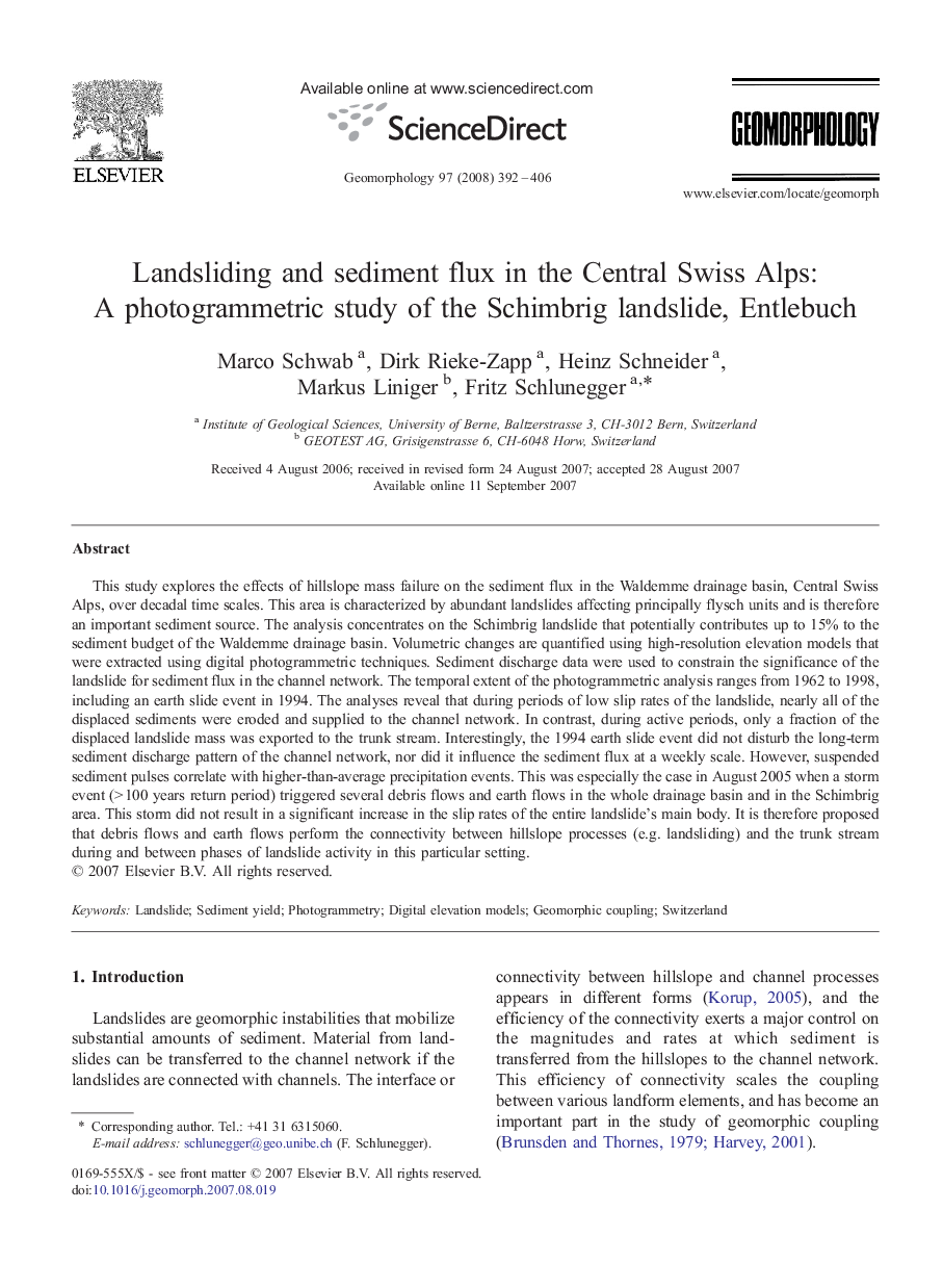 Landsliding and sediment flux in the Central Swiss Alps: A photogrammetric study of the Schimbrig landslide, Entlebuch