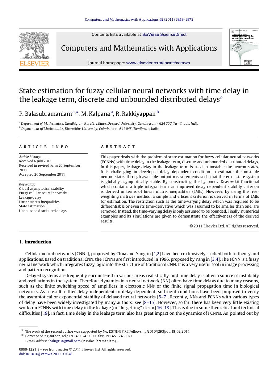 State estimation for fuzzy cellular neural networks with time delay in the leakage term, discrete and unbounded distributed delays 