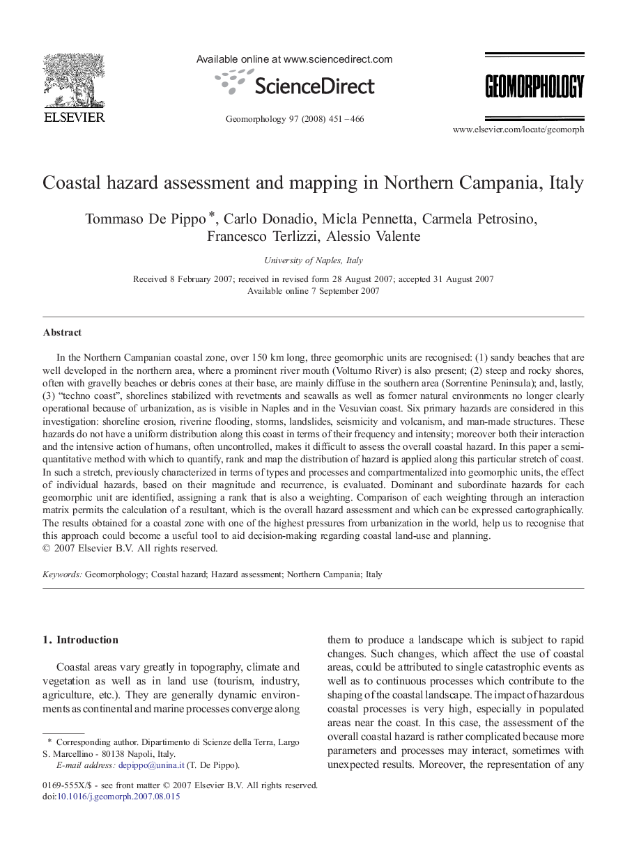 Coastal hazard assessment and mapping in Northern Campania, Italy