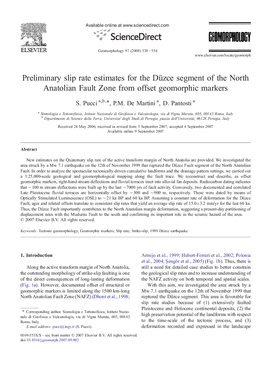 Preliminary slip rate estimates for the Düzce segment of the North Anatolian Fault Zone from offset geomorphic markers