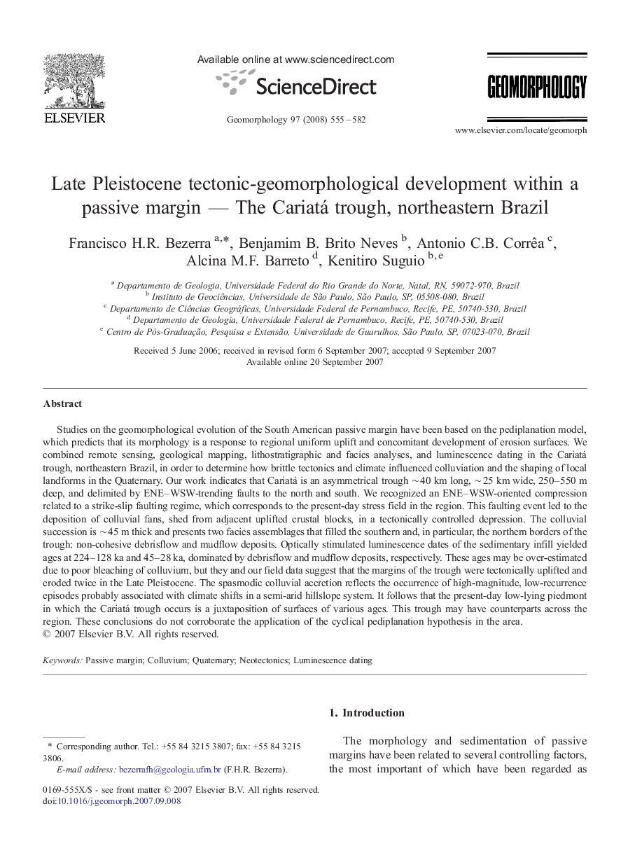 Late Pleistocene tectonic-geomorphological development within a passive margin — The Cariatá trough, northeastern Brazil