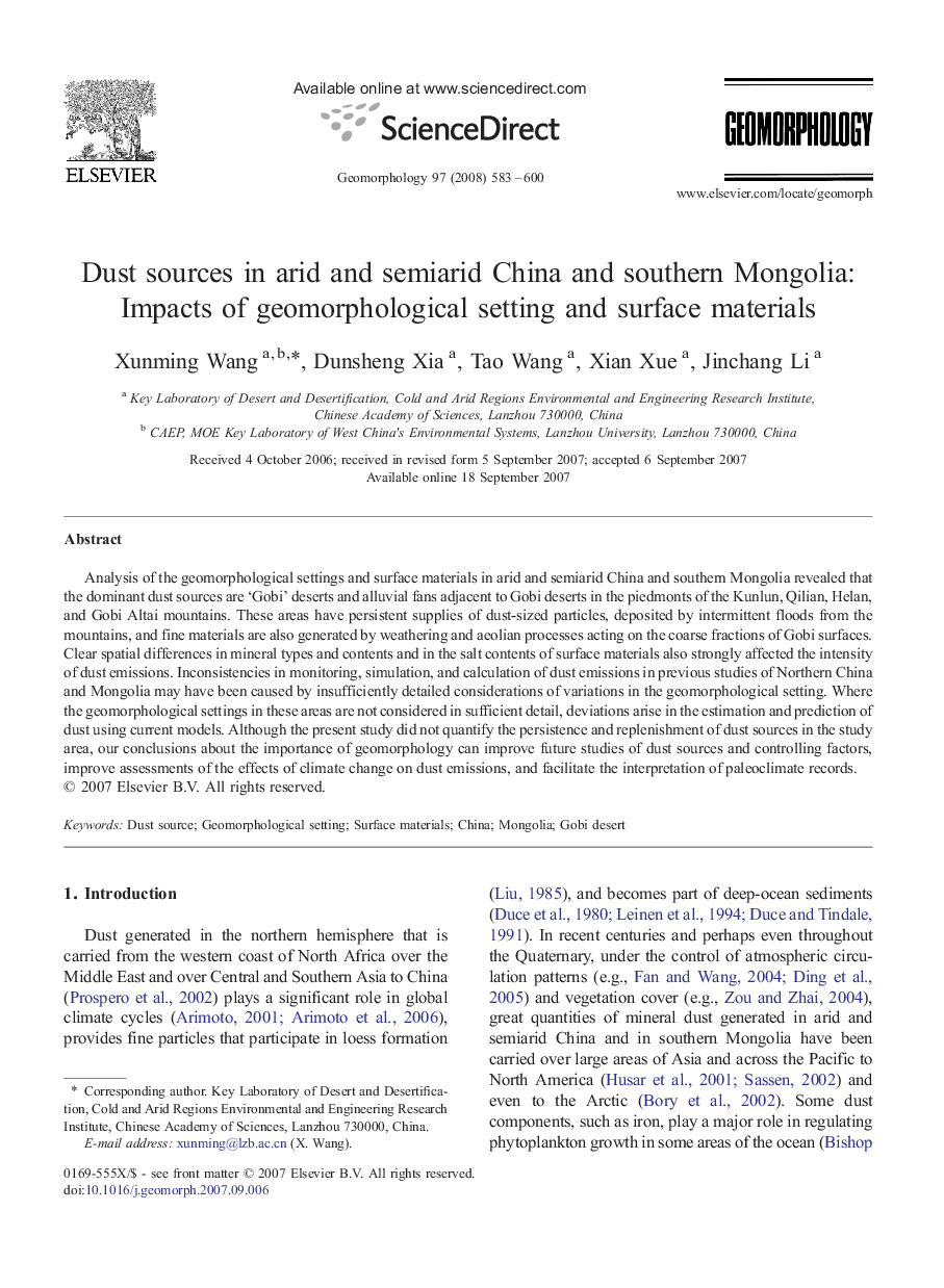 Dust sources in arid and semiarid China and southern Mongolia: Impacts of geomorphological setting and surface materials