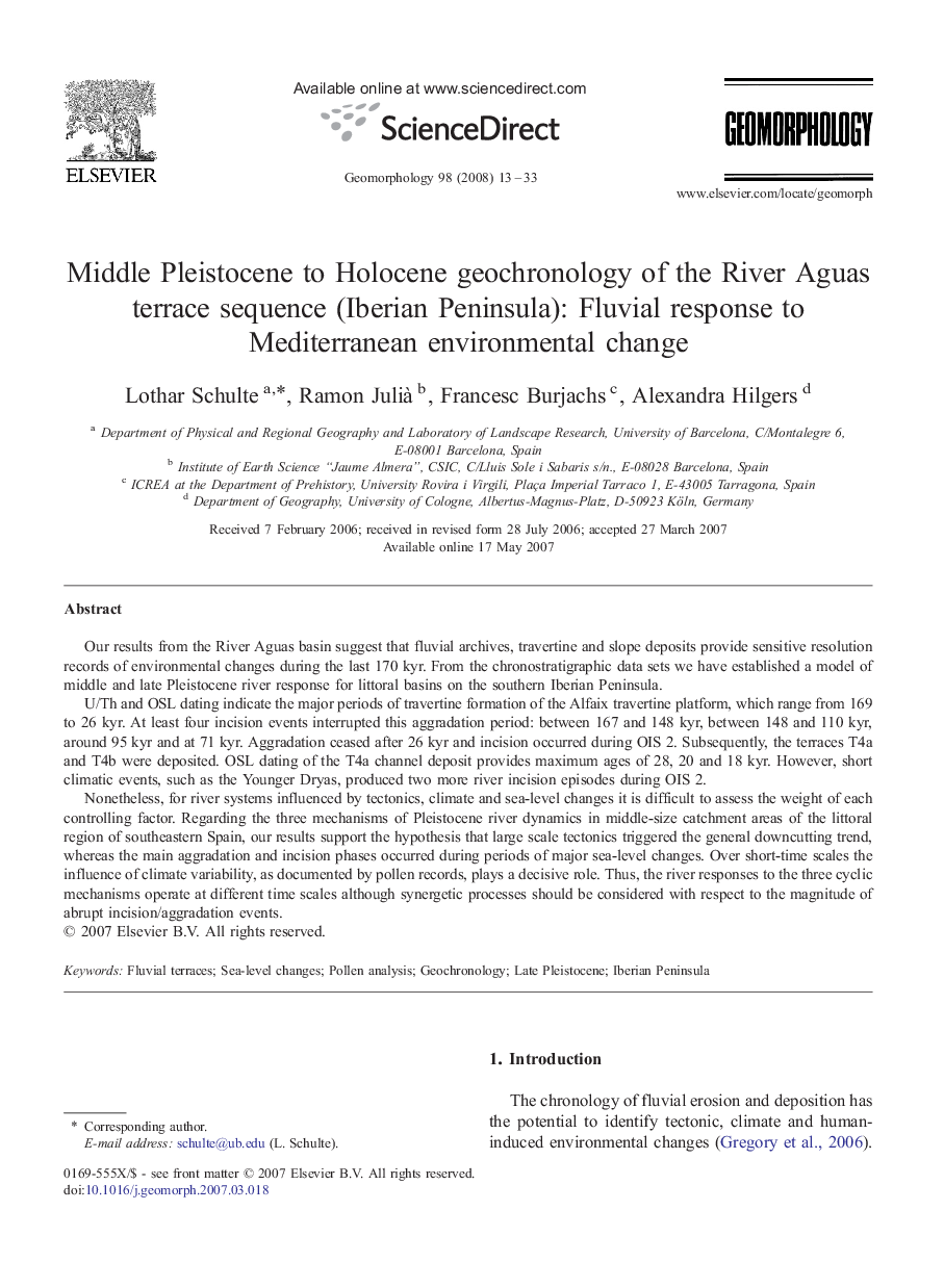 Middle Pleistocene to Holocene geochronology of the River Aguas terrace sequence (Iberian Peninsula): Fluvial response to Mediterranean environmental change