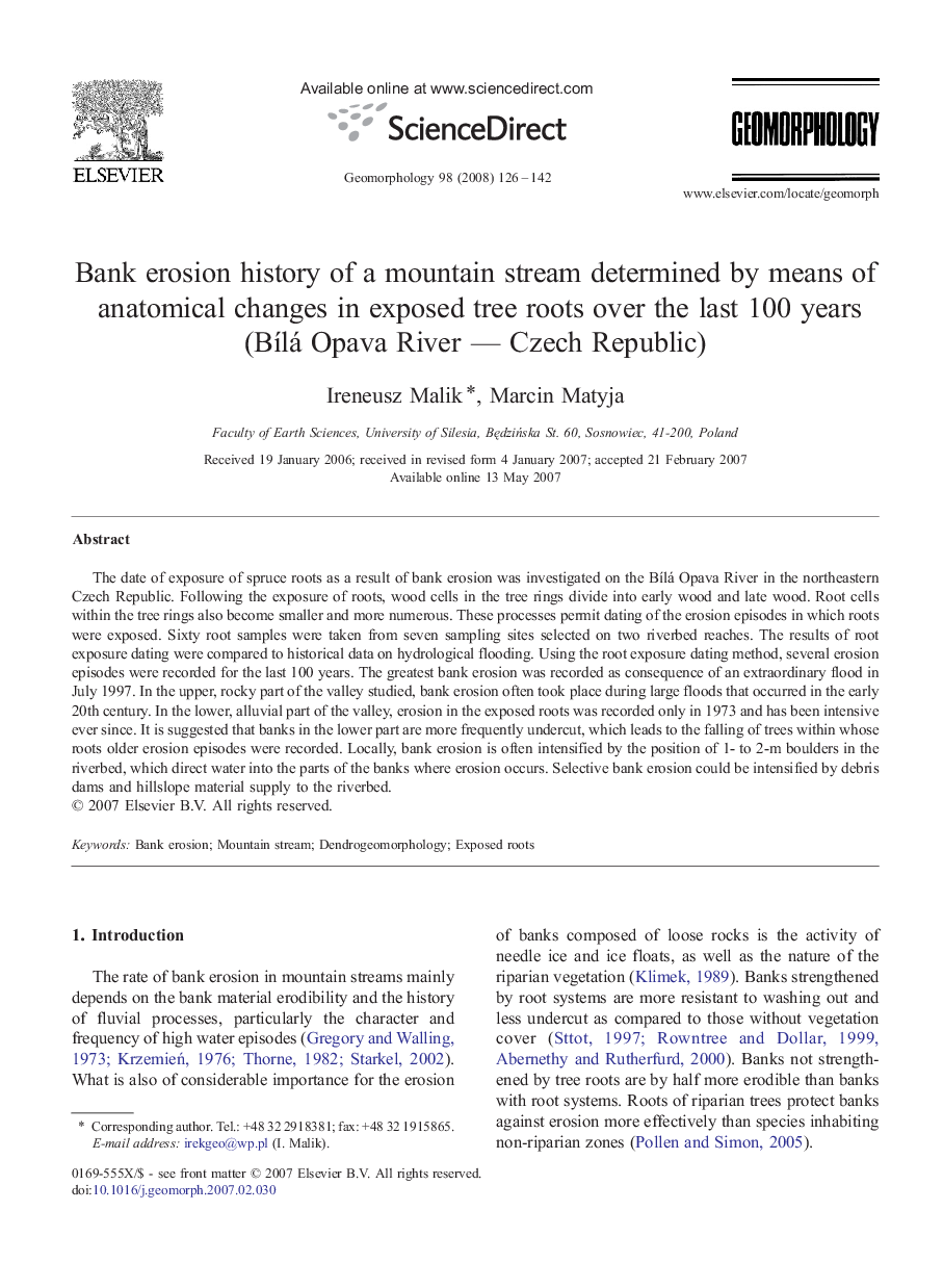 Bank erosion history of a mountain stream determined by means of anatomical changes in exposed tree roots over the last 100 years (Bílá Opava River — Czech Republic)