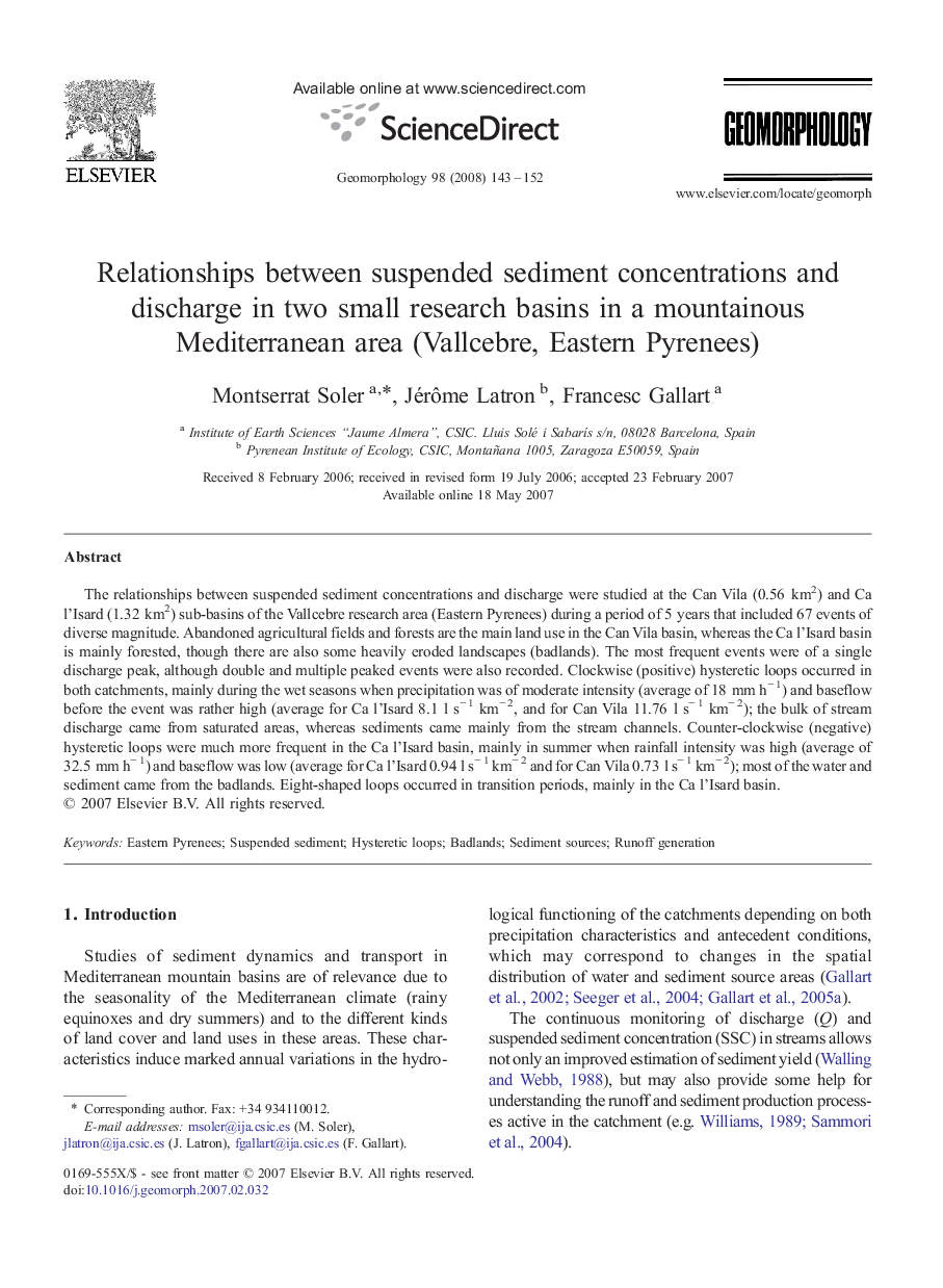 Relationships between suspended sediment concentrations and discharge in two small research basins in a mountainous Mediterranean area (Vallcebre, Eastern Pyrenees)