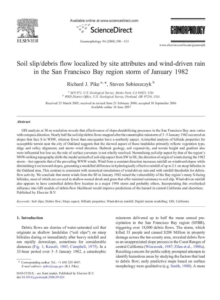 Soil slip/debris flow localized by site attributes and wind-driven rain in the San Francisco Bay region storm of January 1982