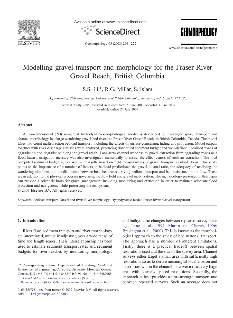 Modelling gravel transport and morphology for the Fraser River Gravel Reach, British Columbia