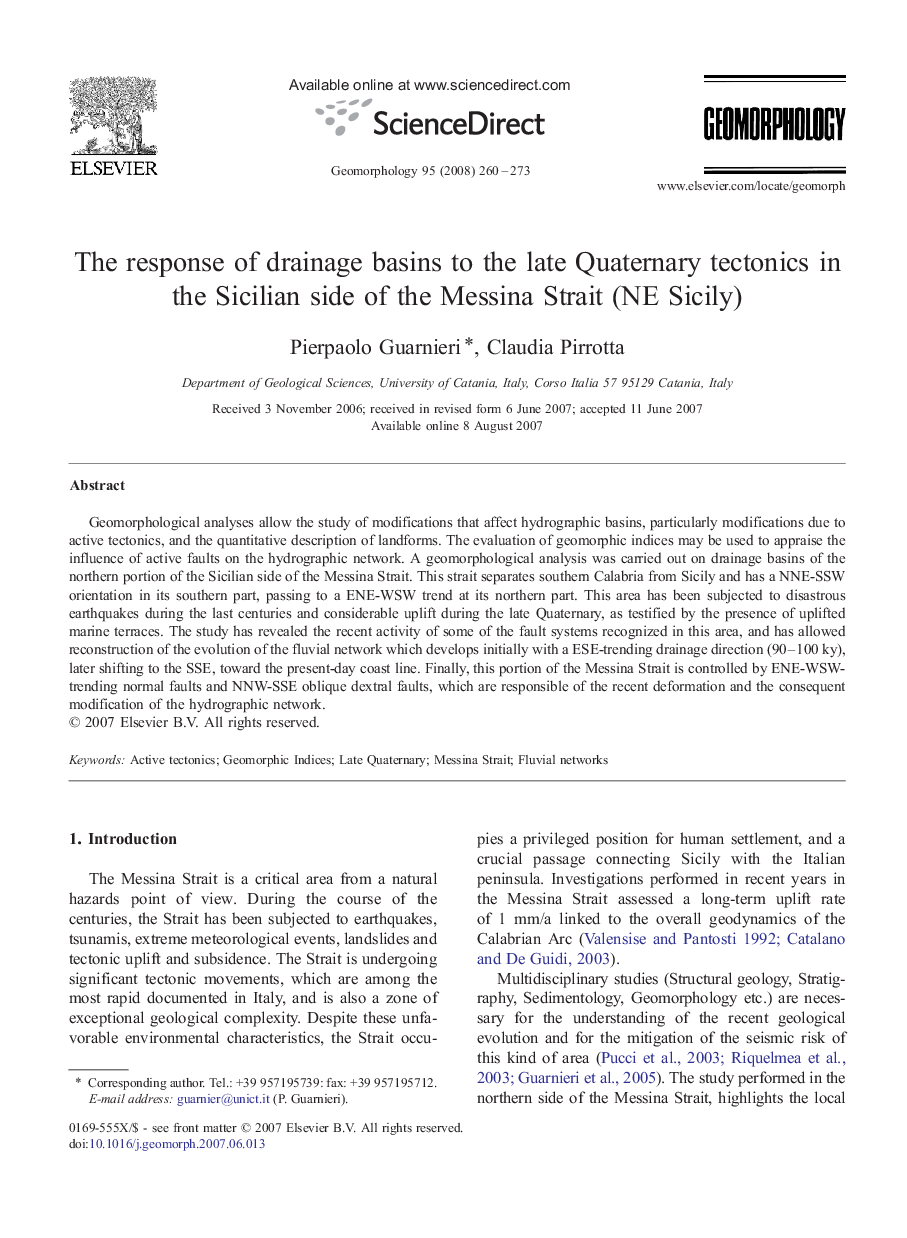 The response of drainage basins to the late Quaternary tectonics in the Sicilian side of the Messina Strait (NE Sicily)