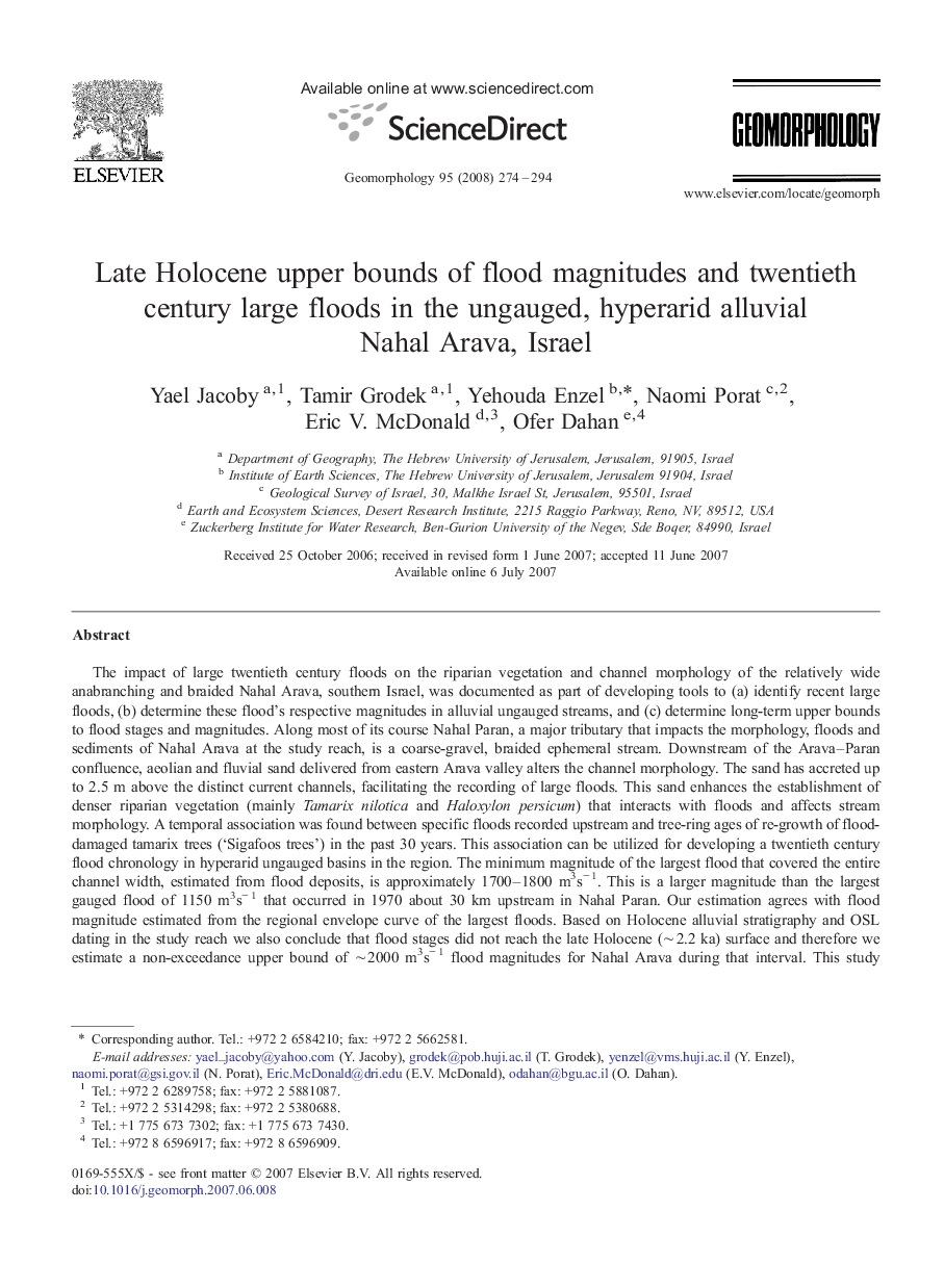 Late Holocene upper bounds of flood magnitudes and twentieth century large floods in the ungauged, hyperarid alluvial Nahal Arava, Israel