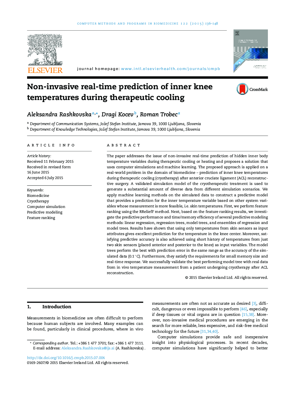 Non-invasive real-time prediction of inner knee temperatures during therapeutic cooling