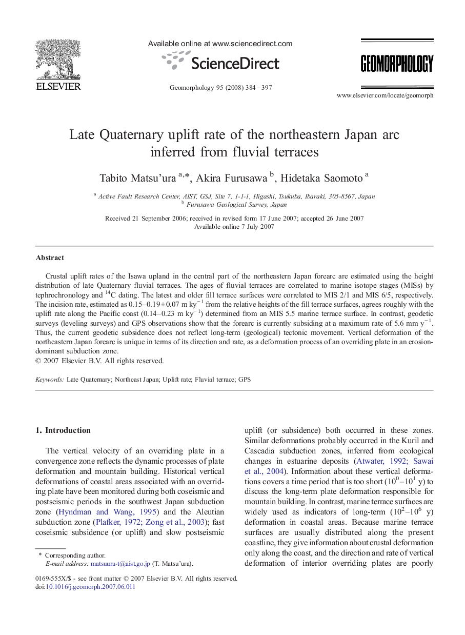 Late Quaternary uplift rate of the northeastern Japan arc inferred from fluvial terraces