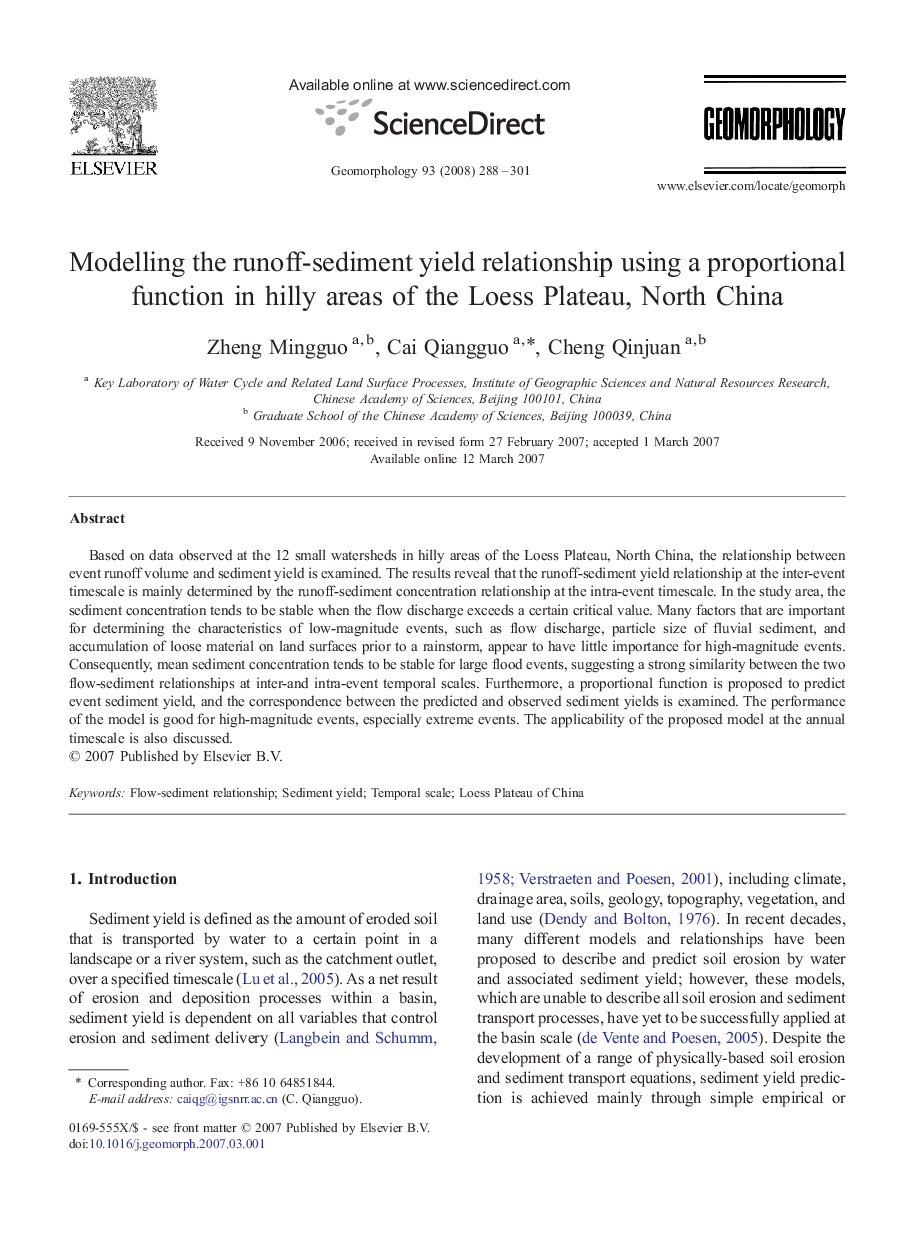 Modelling the runoff-sediment yield relationship using a proportional function in hilly areas of the Loess Plateau, North China