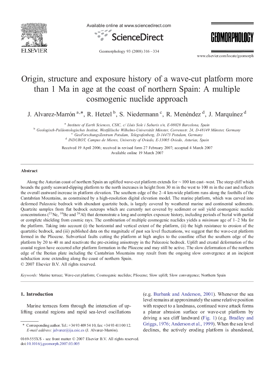 Origin, structure and exposure history of a wave-cut platform more than 1 Ma in age at the coast of northern Spain: A multiple cosmogenic nuclide approach