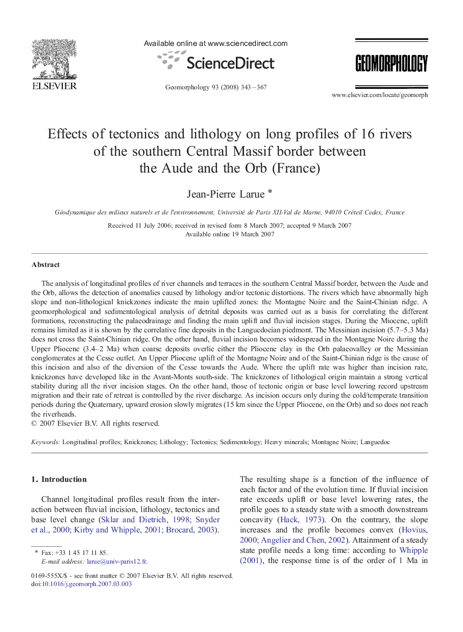 Effects of tectonics and lithology on long profiles of 16 rivers of the southern Central Massif border between the Aude and the Orb (France)